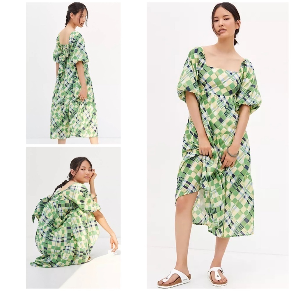 NWT Faithful the Brand Falabelle Billie Check Print Puff Sleeves Midi Dress 2P‍‍